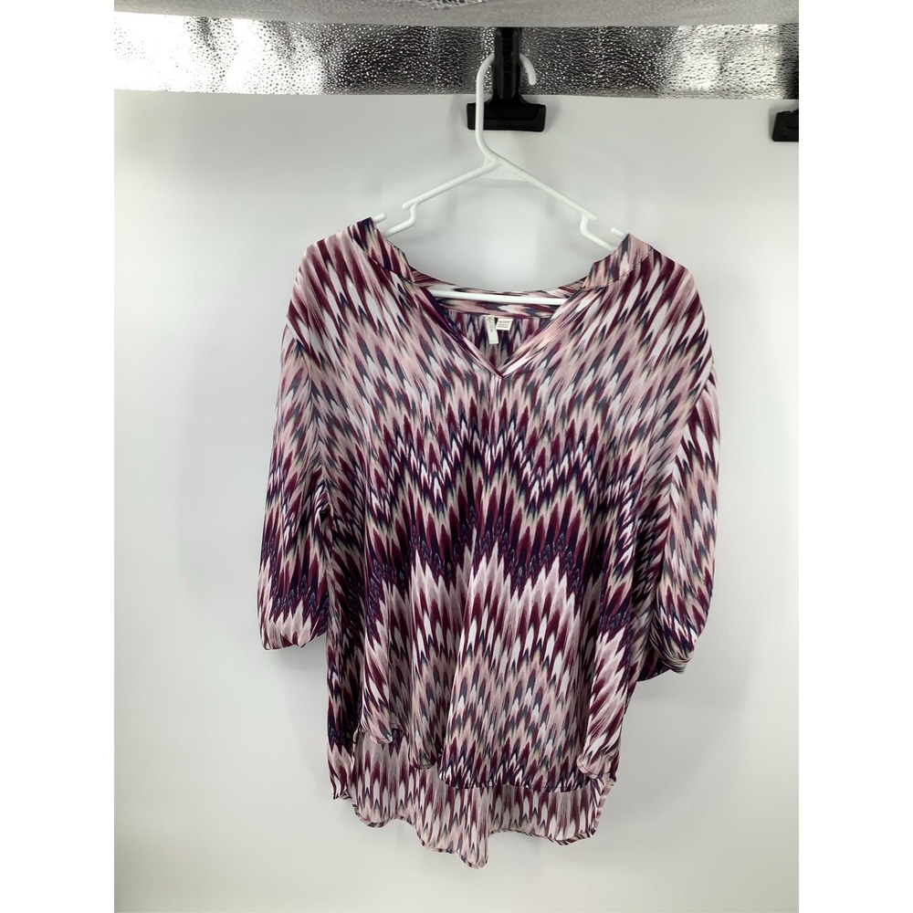EST. 1946 Womens 18/20W Plum Ikat Chevron V-Neck 3/4 Sleeve Chiffon Blouse Top